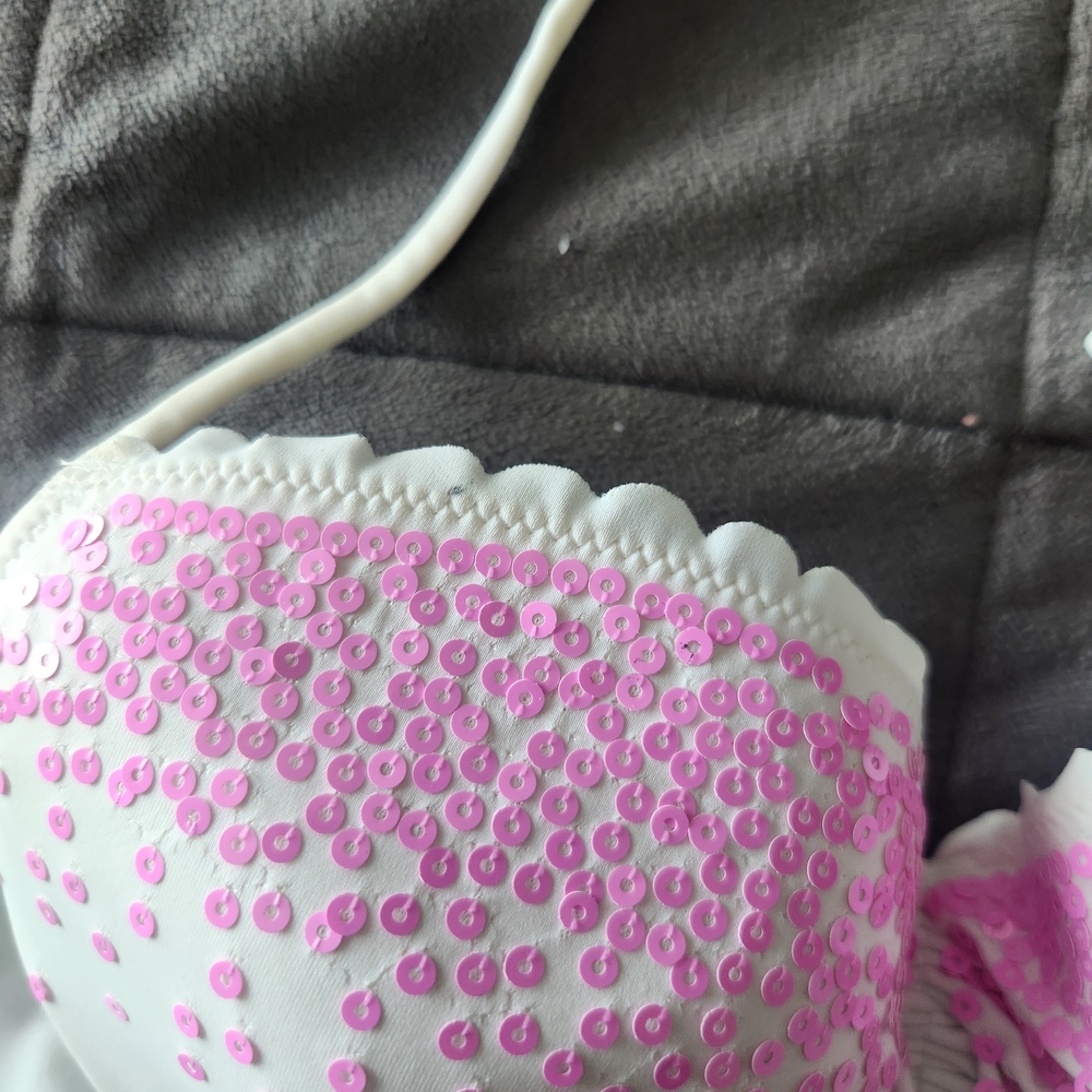 Victoria's Secret White and Pink Halter Bikini Top With Sparkling Sequin Details - Picture 5 of 7